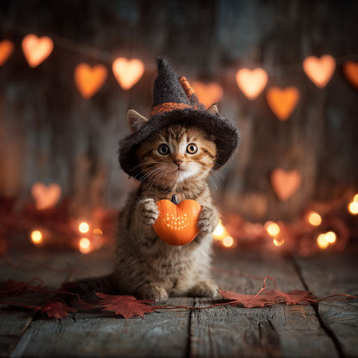 Charming kitten in witch hat with glowing pumpkin lights