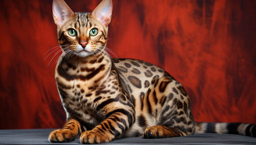 Bengal cat, in the style of energetic and bold, dark beige and maroon 37:21