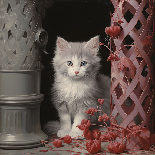 Grey kitten with scratch pile in cage, light maroon and white style, firmin baes, columns and totems, bloomcore, dappled, wavy, understated sophistication