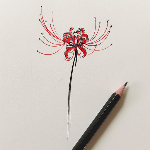 Minimalistic tattoo sketch of a red spider lily with a single bold line and no fill
