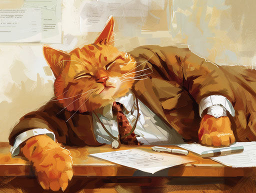An orange cat naps in an office outfit, in the style of David Normal, light gold and maroon, soggy 4:3