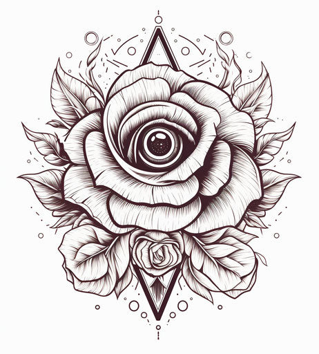 Tattoo of sun, red rose, all-seeing eye: royalty-free art in #screenshotsaturday style