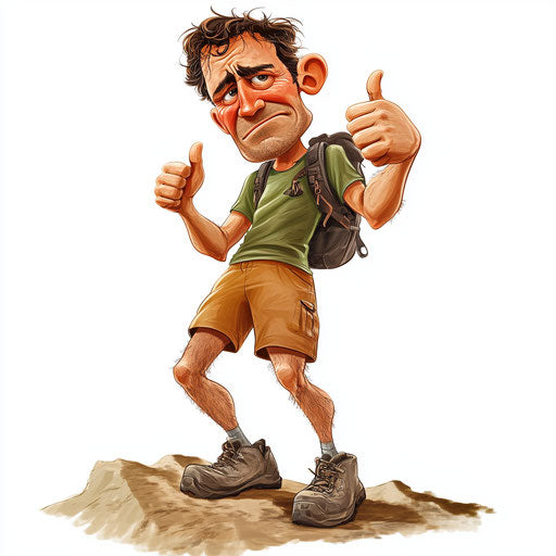 Humorous caricature of a hiking caricature with human characteristics, exaggerated rosy cheeks, muscular legs, waving, vibrant colors, cartoon style, thumbs down, high resolution, isolated - c 40