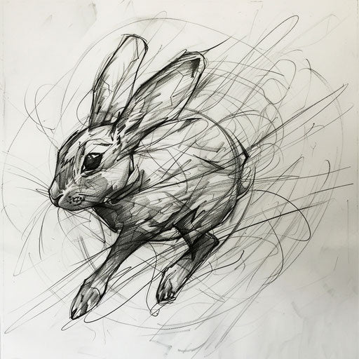 Energetic black rabbit in motion, tattoo sketch
