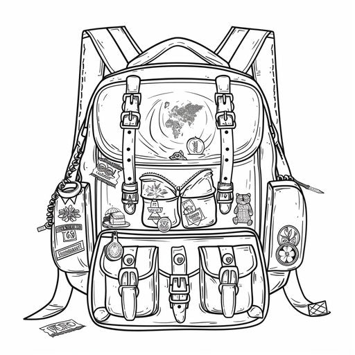 Backpack adorned with patches and pins from various countries. Coloring book page