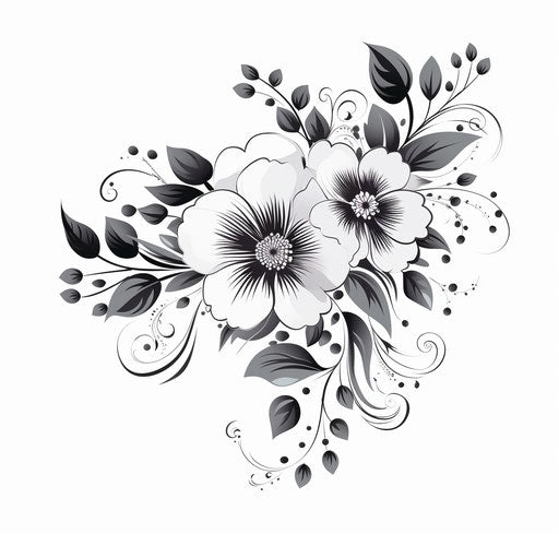 Simple black and white tattoo design, batik style, pretty, floral, enchanting