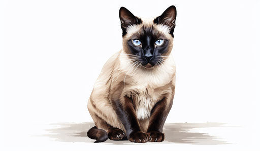 Siamese cat on white background, dark maroon and light beige style
