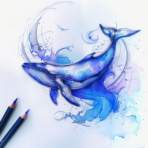 Ethereal tattoo sketch of a whale in a dreamy seascape