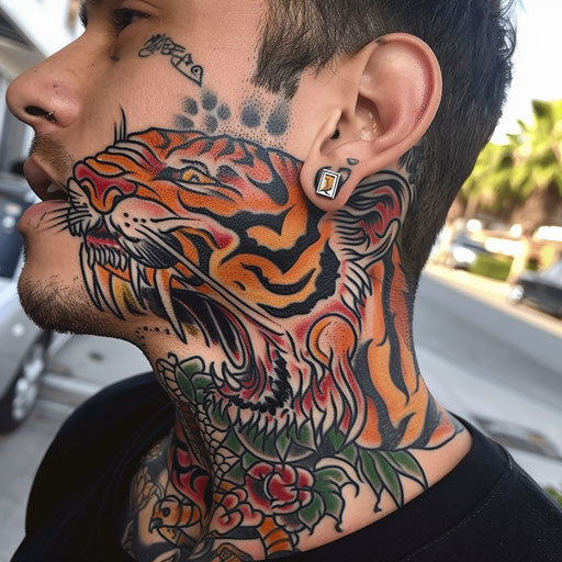 Tiger side neck tattoos, Ed Hardy style