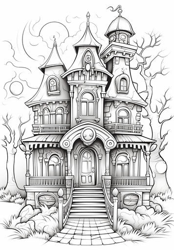 Black and white Halloween coloring pages with architectural style, cold atmosphere
