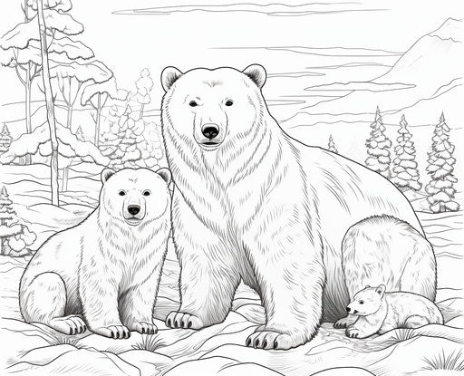 Polar bears family - detailed coloring pages