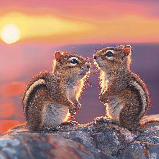 Chipmunks at sunset, vibrant colors and striking contrast