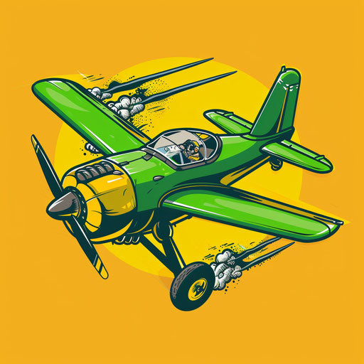 Playful flat drawing of a cartoonish crop duster