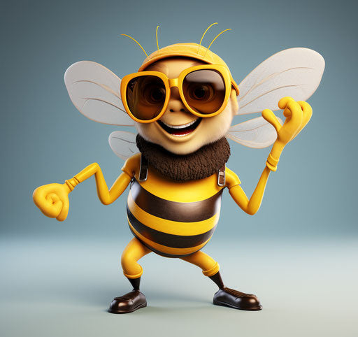 Cartoon bee with glasses waving, solarization style