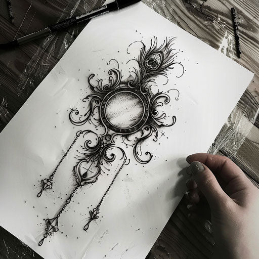 Elegant sketch of a beauty sigil with mirror and peacock feathers
