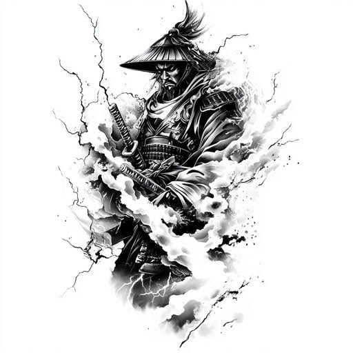 Japanese samurai tattoo sketch under stormy sky