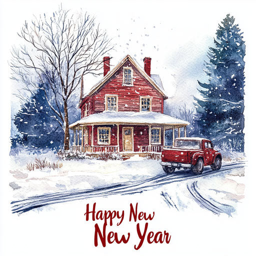 Watercolor painting of a beautiful old rustic farmhouse in winter snow, on white background, in the style of Thomas Kinkade. 'Happy New Year' at the bottom.