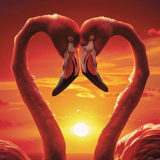 Flamingo couple forming a heart with their necks at sunset