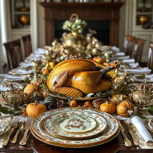 Beautifully arranged Thanksgiving table with golden turkey