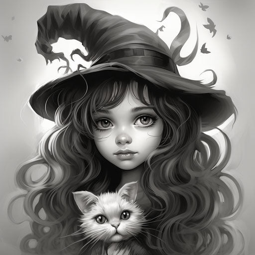Cute Halloween girl with witch, black and white realism style