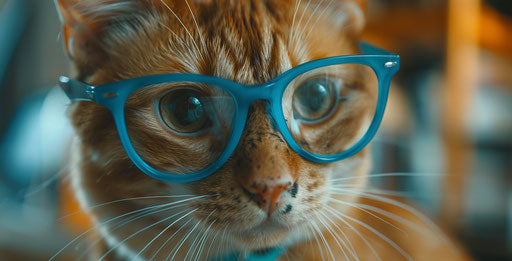 A cat looks at the camera with blue glasses