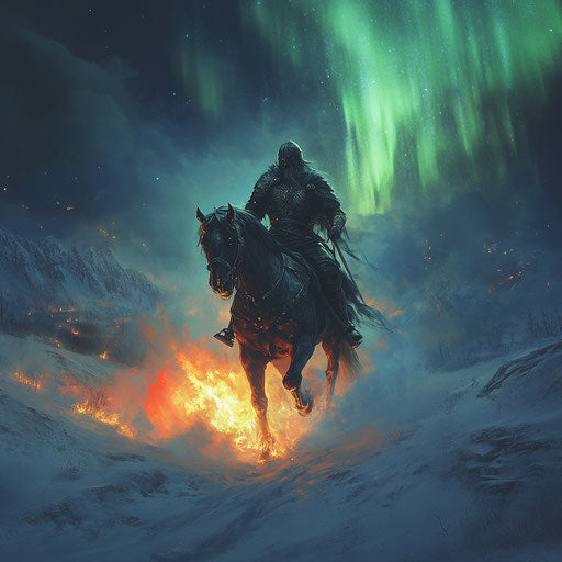 The headless horseman in ancient Norse armor, horse breathing fire, riding through misty battlefield under Northern Lights.