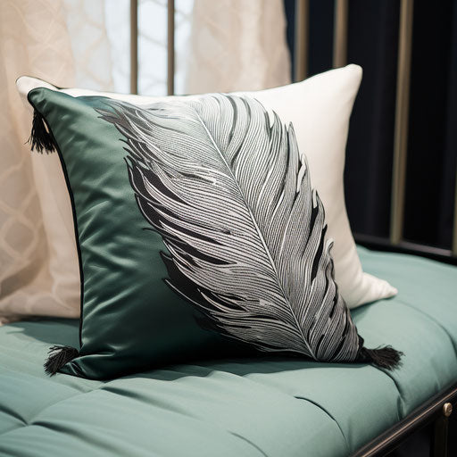 Black and white feather print pillow in detailed style