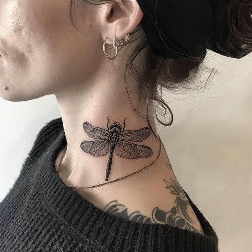 Dragonfly side neck tattoos, Maria Sibylla Merian style