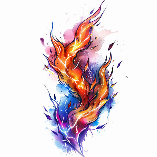 Electric flame tattoo design with vibrant lightning effects on white background