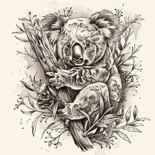Rustic flat tattoo sketch of a koala in a natural, woodsy setting