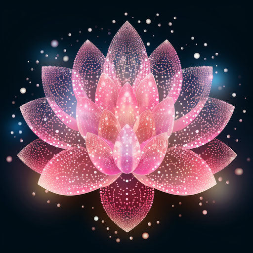 Modern iridescent geometric lotus flower, floral tattoo pattern in pink, style of pointillist dots and specks, zen buddhism influence, symbolic nabis, linear illustrations, line drawing style