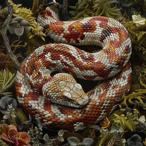 Corn snake with intricate scale patterns on moss backdrop