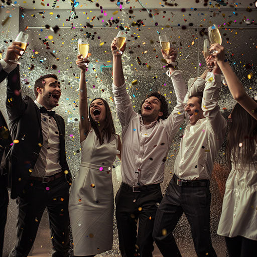 Sales team celebrating a record quarter with high energy