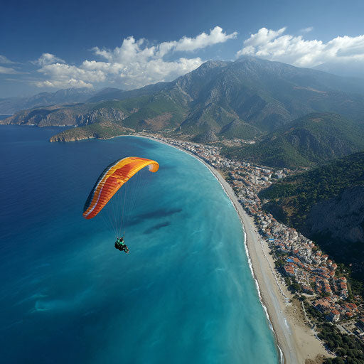 Aerial view of a paraglider over a breathtaking coastline