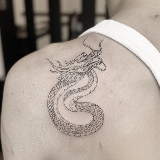 Outline tattoo of a dragon, in the style of Ami James