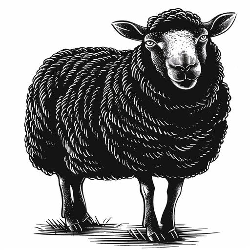 Vintage woodcut style illustration of a majestic black sheep, for tattoo inspiration, on a clean white background