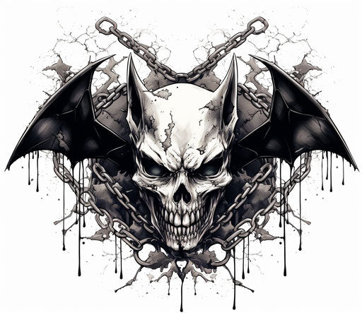 Skull and bat with chain tattoo, graphic graffiti style