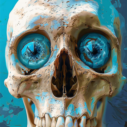Skull with blue eyes, webcam-style photography, comical caricatures, irony and humor
