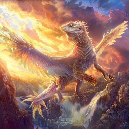 Ethereal bearded dragon flying over mystical lands