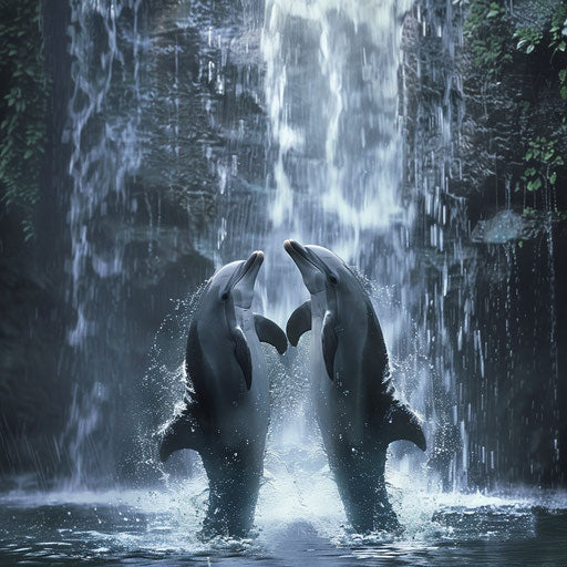 Two dolphins dancing under the waterfall