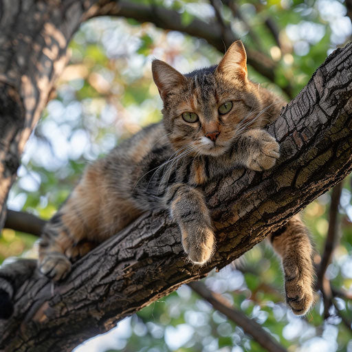 Tortoise cat resting on a tree branch