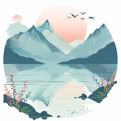 Serene landscape with mountains and lake in flat tattoo style