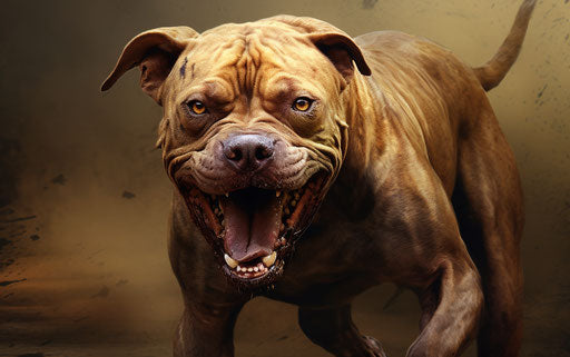 Pit bull dog with shaved chin and teeth, explosive and chaotic style