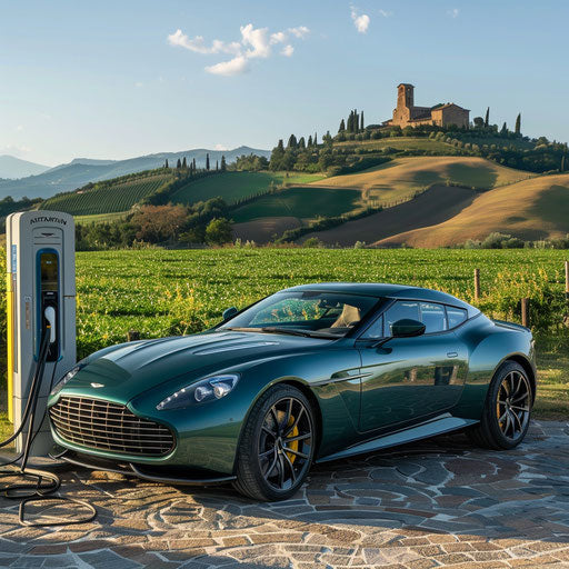 Eco-friendly electric Aston Martin DB7 Zagato charging at a solar station in the countryside