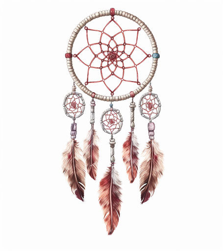 Isolated dream catcher drawing, light silver and dark maroon style