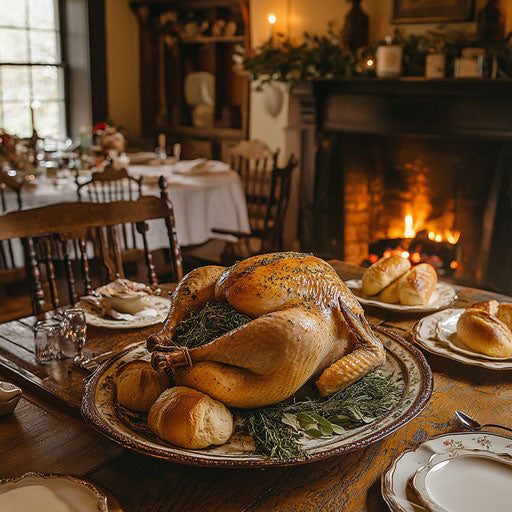 Rustic farmhouse dining room with golden-brown turkey and cozy fire