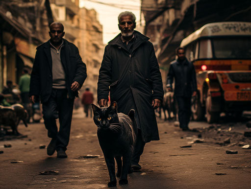 A black cat walks down the street with two men beside him