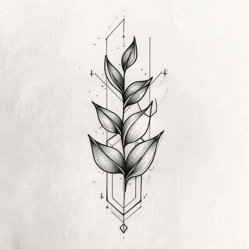 Simple flat tattoo sketch of a sage leaf with geometric accents