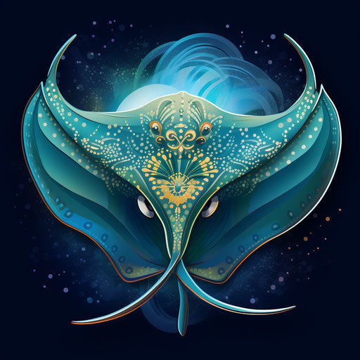 Blue stingray with Hawaiian style sticker, intricate design