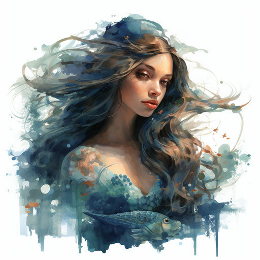 Mermaid illustration in the style of oil painting, on white background
